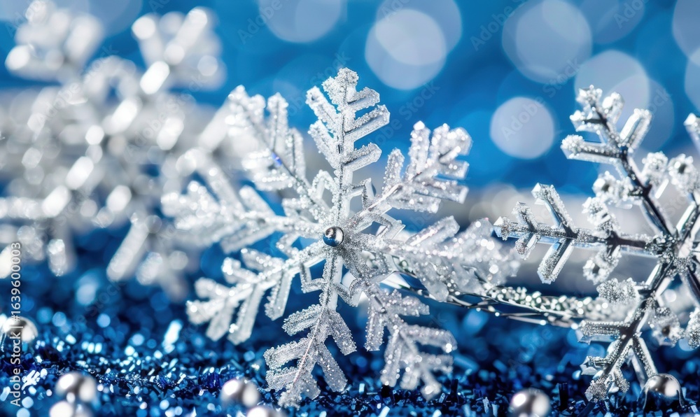 Poster crystalline snowflake macro close up on icy blue background with bokeh