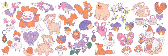 Folk clipart set of 39 cute cartoon animals illustrations for card design. Cozy baby kids bundle.
