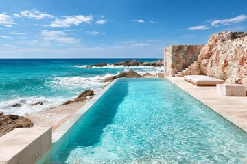 Infinity pool by ocean with rocky coast. Blue water and sunny sky create stunning view. Perfect for luxury travel or resort design.