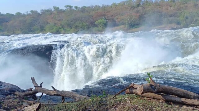 Ground-level view of Victoria Nile waters rushing through a narrow 5-meter gap at Murchison Falls