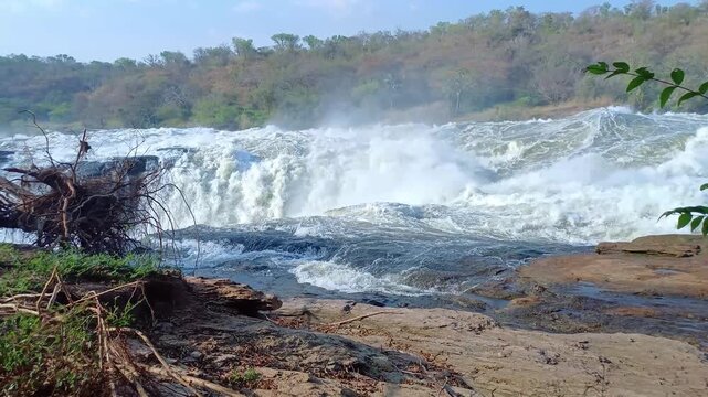 Ground-level view of Murchison Falls where Victoria Nile waters squeezing through a gap in Uganda