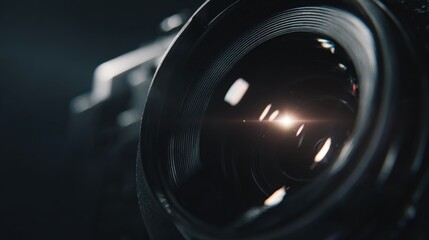 A close-up view reveals the intricate details of a dark, reflective optical instrument, capturing a dramatic interplay of light and shadow.