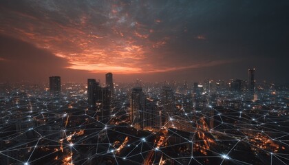 Cityscape at dusk, network overlay
