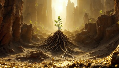 A skyscraper growing roots deep into gold soil, stability fed by hidden wealth