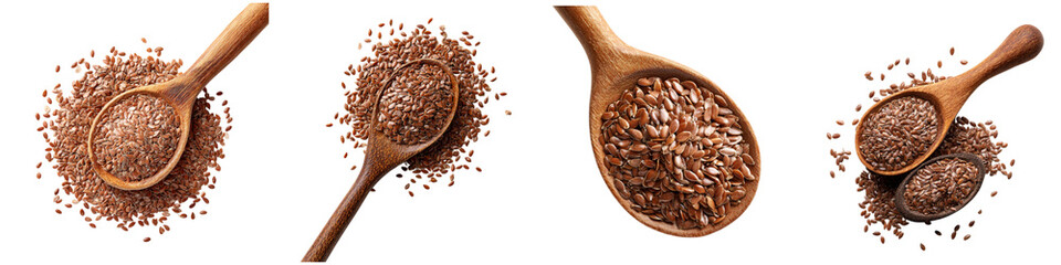 A collection of wooden spoons filled with small, brown seeds, showcasing their texture and shape.