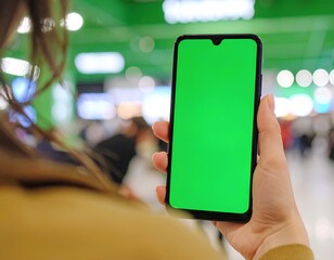 Hand Holding Smartphone with Green Screen for Technology and Advertising Use
