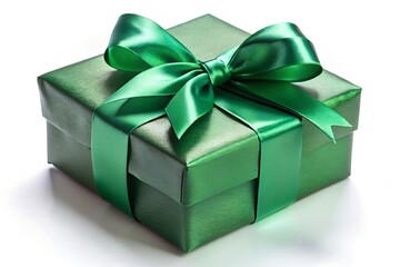 A green gift box with a satin ribbon bow isolated on white background, perfect for christmas and holiday celebrations around 155 characters