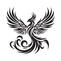 Fototapeta premium Black silhouette of a phoenix with outstretched wings and swirling tail on a white background bird mythical