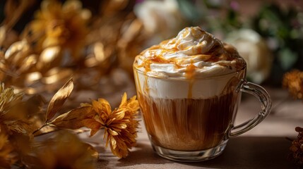Caramel macchiato with foam swirl and caramel drizzle. Golden leaves. Warm coffee shop ambiance