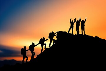 Silhouette of a group of people on peak mountain climbing helping each others team work business concept