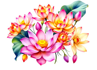Fototapeta premium Pink and Yellow Lotus Flowers Bouquet Illustration Isolated on transparent background.