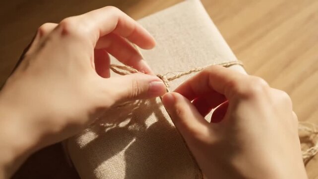Hands carefully tying a rustic ecofriendly gift with twine in warm natural sunlight.