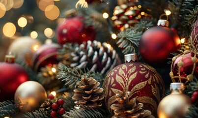 Obraz premium Festive holiday ornaments red and gold baubles on fir tree with bokeh lights