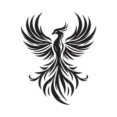 Obraz premium Stylized Black Phoenix with Spread Wings and Flowing Tail Feathers on White Background mythical bird