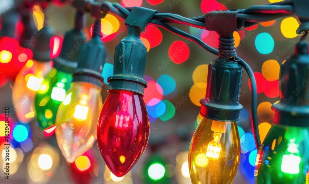 Poster festive multi colored christmas string lights glowing with bokeh effect