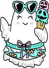 Retro Groovy Summerween Ghost with Ice Cream and Sunglasses