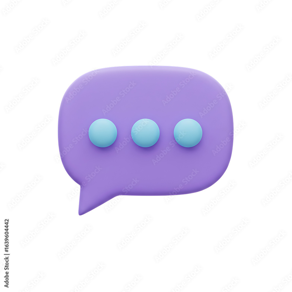 Poster 3d icon of 3d rendering of a purple chat bubble with three blue dots, representing a message or conv