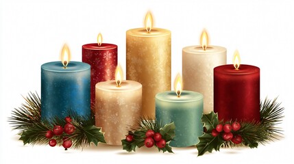 Festive Christmas Candles on White Background