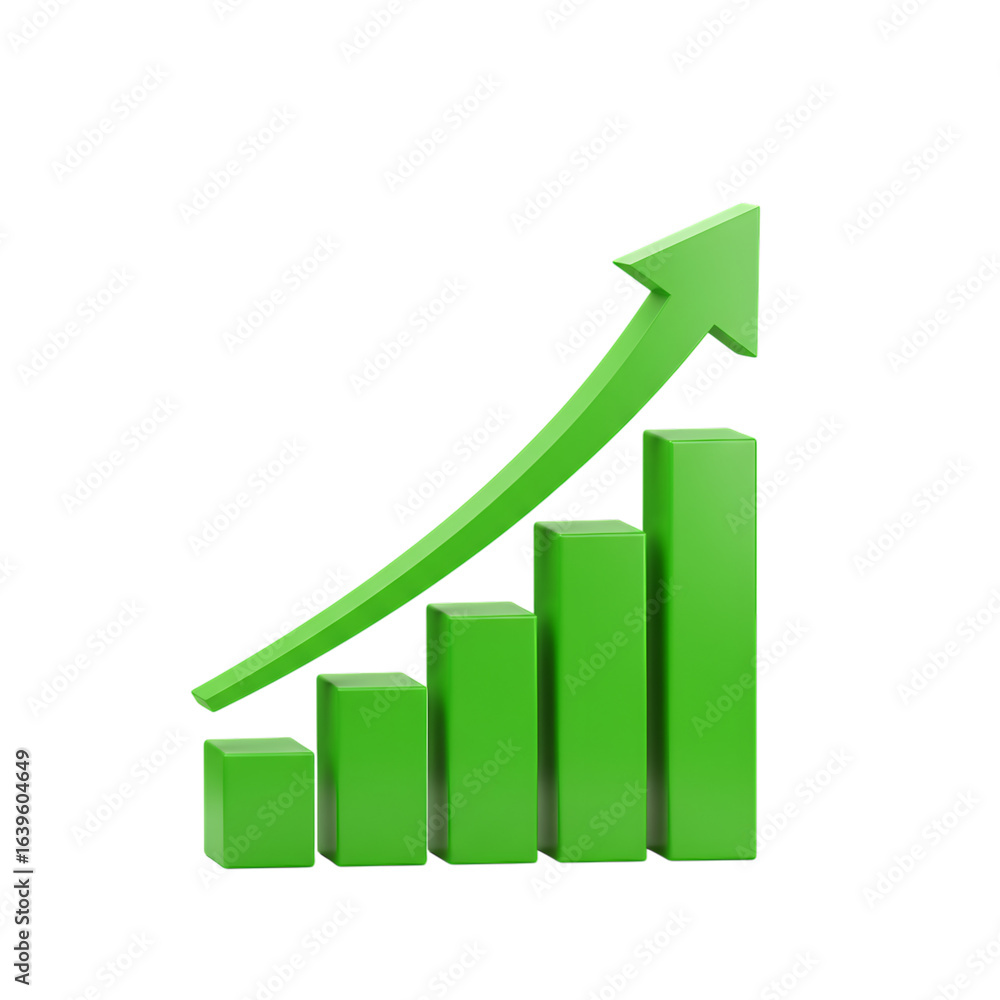 Poster 3d icon of green bar chart with arrow pointing up representing growth and success isolated on transp