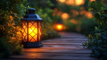 Soft light from lanterns guides the way through a serene garden path during sunset, creating a tranquil atmosphere