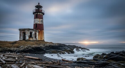 Naklejka premium Weathered Lighthouse on Rocky Coastline at Sunset, Dramatic Sky, Coastal Scene.