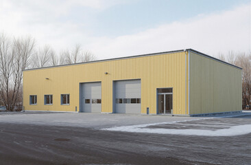 Yellow and gray modern industrial warehouse exterior with minimalist design under bright winter sky and open space