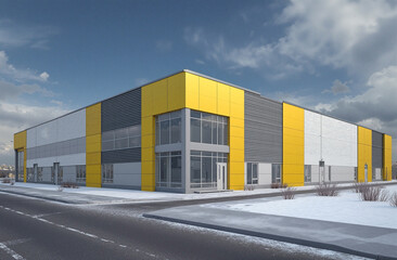 Obraz premium Contemporary yellow clad industrial building with modern facade and contrasting gray design on a snowy winter day