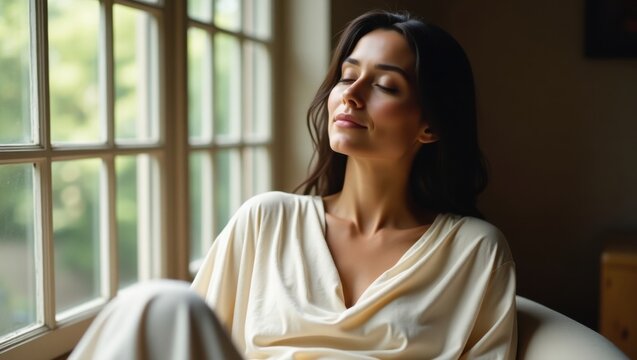 Una joven mujer tranquila se sienta cerca de una ventana con los ojos cerrados