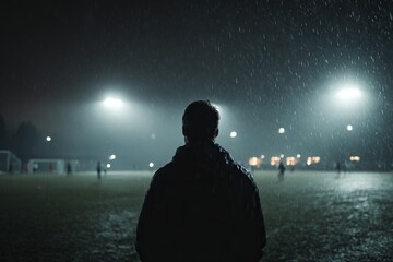 Cinematic night match in progress, rain lightly falling, player silhouette under lights, moody and high-class tone, sports editorial style