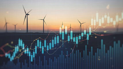 Renewable energy wind farm at sunset overlaid with a financial stock market trading chart representing economic growth