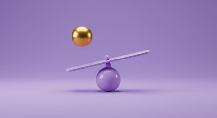 Balancing purple and gold spheres on a seesaw in minimalist style  