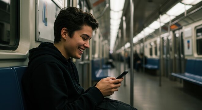 Young male smiling while using smartphone on subway train  