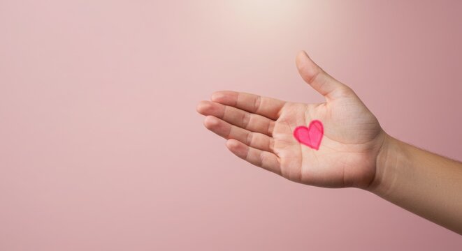 Hand holding pink heart shape on pastel pink background  