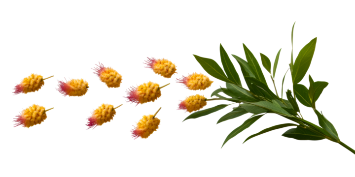 Several yellow and red bottlebrush flowers with green leaves on white