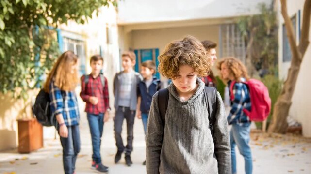 Isolated Youth: A young individual walks away, visibly upset as peers gather around, expressing a moment of adolescent vulnerability and social challenge.