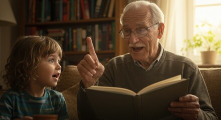 Elderly man storytelling to young girl while sitting on sofa indoors  