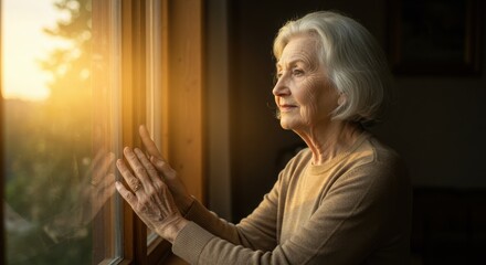 Elderly woman gazing thoughtfully out window during sunset  