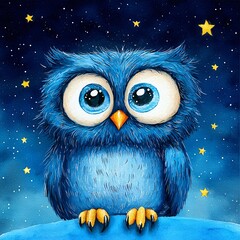 Obraz premium Enchanting blue owl amidst twinkling stars in a night sky whimsical art fantasy environment dreamy perspective captivating concept