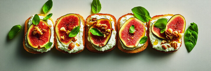 Artfully arranged toasts topped with fresh figs, cream cheese, and green herbs create an inviting breakfast display. Perfect for brunch or a light snack