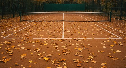 Tennis court covered in autumn leaves in a wooded area  
