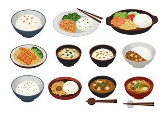 A collection of twelve illustrations of various Asian dishes