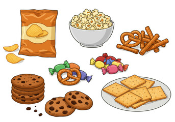 A spread of snacks featuring chips popcorn cookies crackers pretzels and wrapped candies arranged on a white background