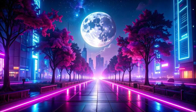 Surreal futuristic cityscape at night with a giant full moon, neon lights, and vibrant pink trees lining an empty street.