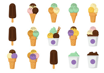 Fifteen cartoon ice cream treats some on sticks cones or in cups are set against a white background