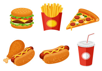 Six fast food items are arranged on a white background