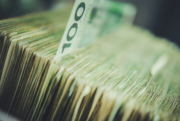 Stacks of Polish Zloty Currency Notes Arranged Neatly in a Close-Up View