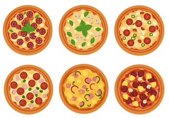 Six pizzas arranged in rows each with unique toppings on a dough base