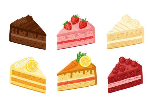 Six cake slices of various flavors and colors