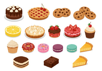 Variety of desserts cake pie cookies cupcakes donuts macarons lemon slice brownie  pie slice