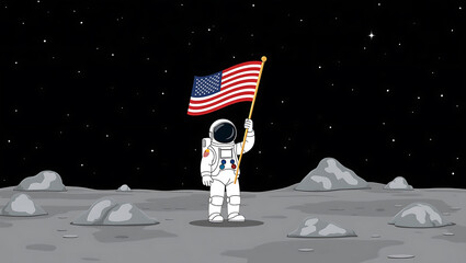 Astronaut planting American flag on moon surface space